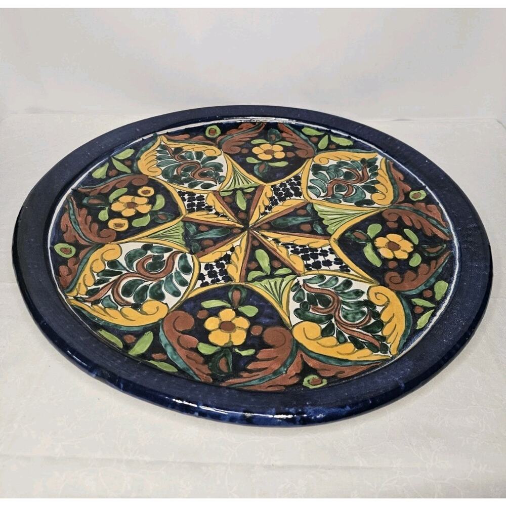 Vintage Mexican Folk Art Pottery Hand Painted Wall Hanging Plate 18.5" Round